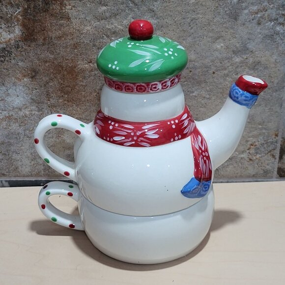 Temptations by Tara 3 Piece Ceramic Stacking Snowman Teapot Mug Cup Set - Picture 2 of 11